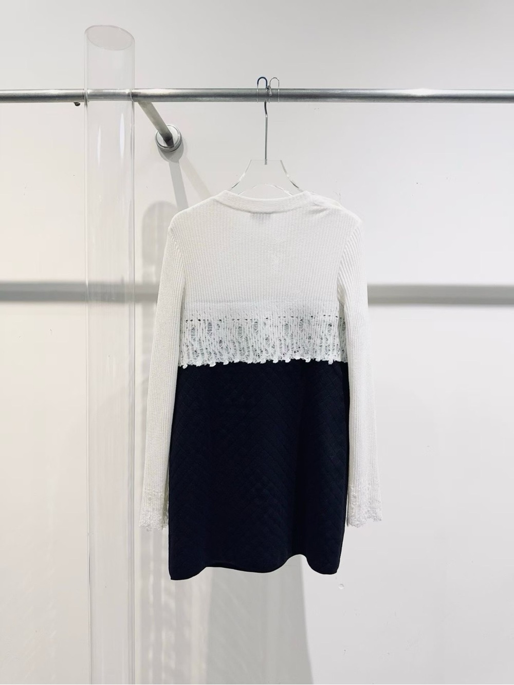CHANEL White & Black Two-Tone Knit Dress-Top with Lace and Button Accents - Picture 2 of 8
